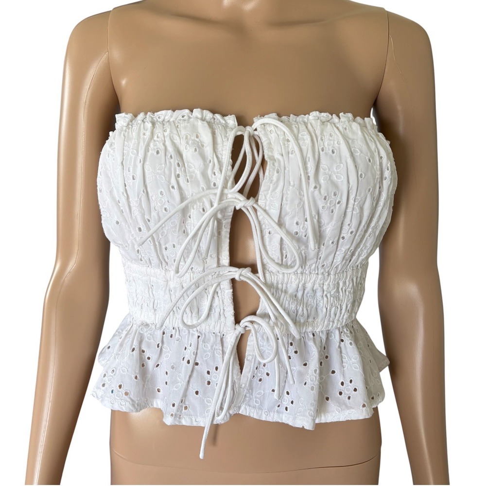Abercrombie & Fitch White Eyelet Strapless Peplum Tube Top Tie Front S Milkmaid